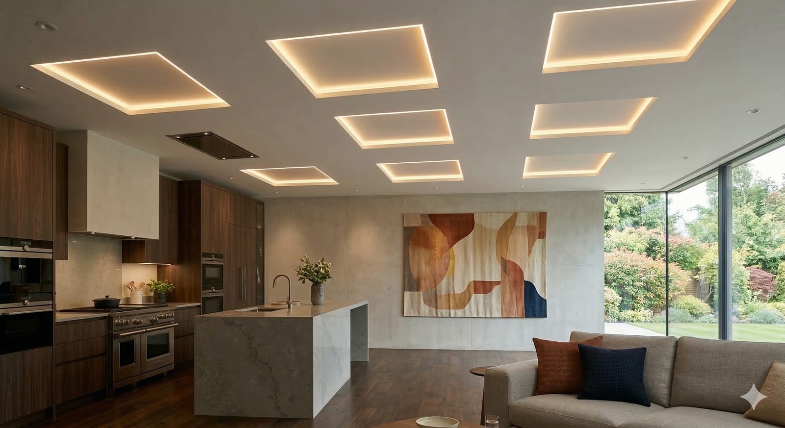 Bespoke ceiling coffer with integrated light trough by KCL Interiors, Canford Cliffs