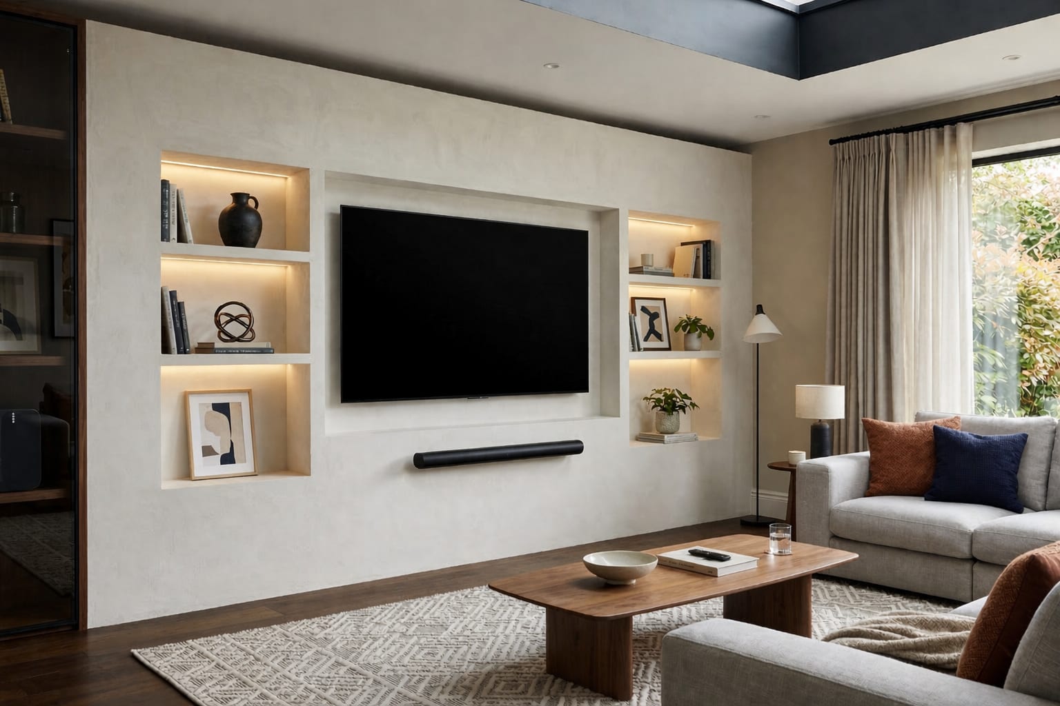 Bespoke media wall with integrated lighting detail by KCL Interiors