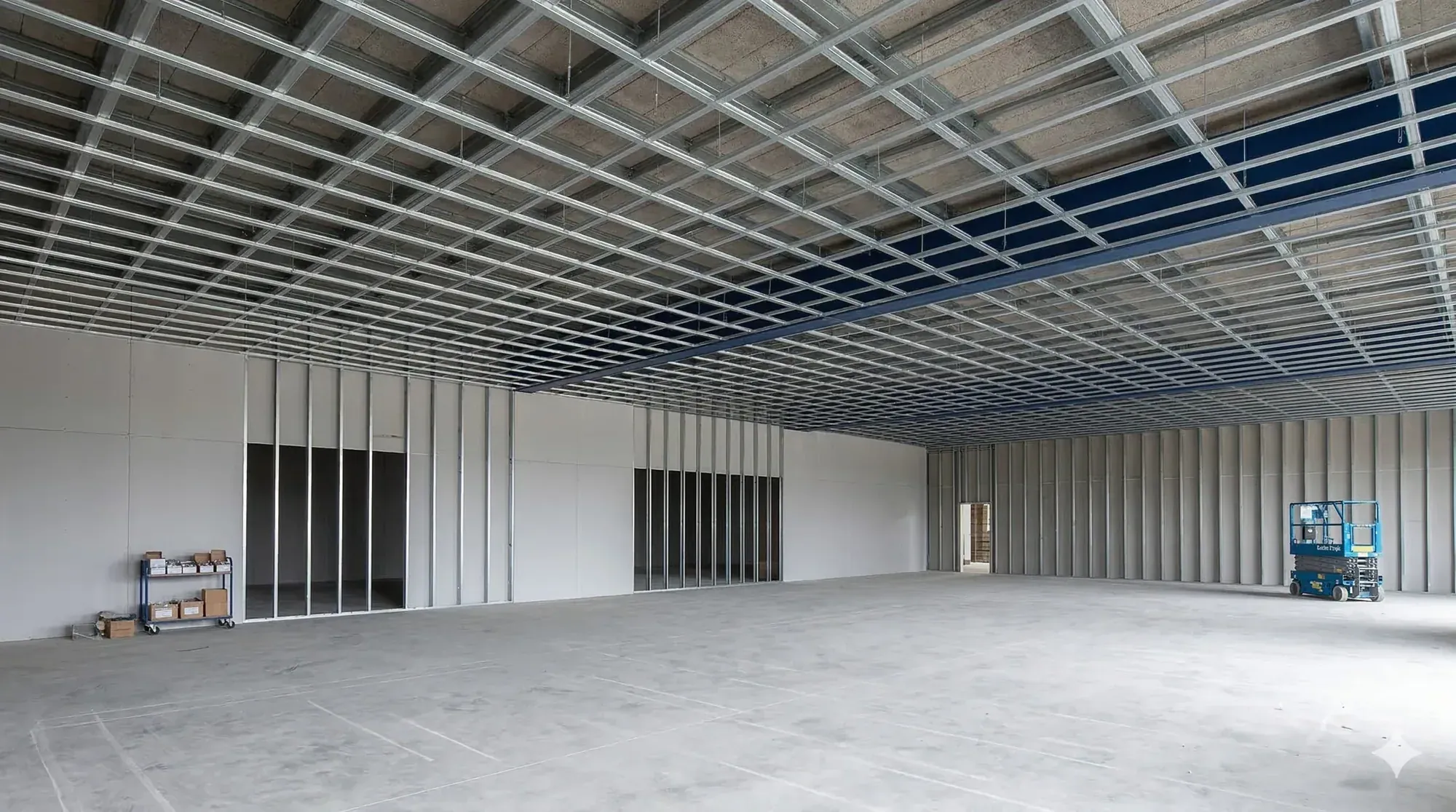 Wide view of an MF ceiling grid over a large open floor, partition framing along the far wall